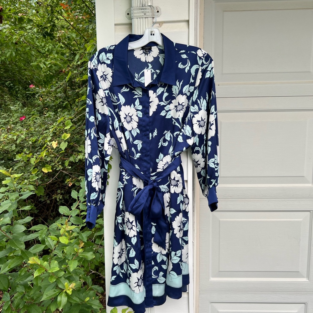 NWT Talbots Gorgeous Fancy Blues White Floral Dress Sash Belt Pockets